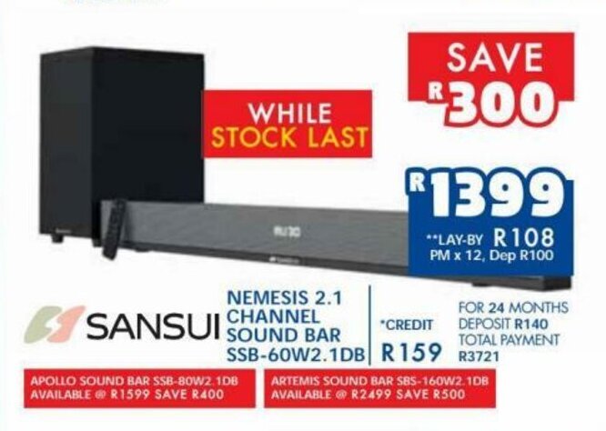 Sansui - Nemesis 2.1 Channel Sound Bar SSB-60W2.1DB offer at Russells