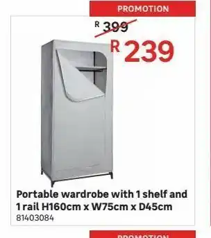 Portable wardrobe with 1 shelf and 1 rail h160cm x w75cm x d45cm