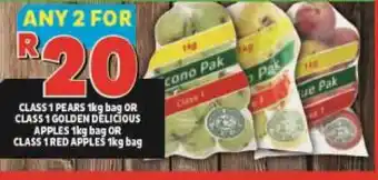 Usave Class 1 Pears 1kg bag or Class 1 Golden Delicious Apples 1kg bag or Class 1 Red Apples 1kg bag offer