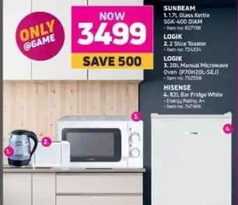 MTN Sunbeam Glass Kettle 1.7L, Logik Toaster 2 Slice / Manual Microwave Oven 20L, Hisense Bar Fridge White 92L offer