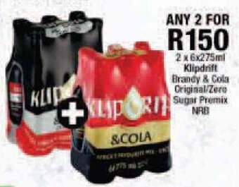 Checkers Klipdrift Brandy & Cola Original/Zero Sugar Premix NRB 2x6x275ml offer