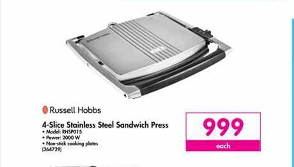 Russell Hobbs 4 Slice Stainless Sandwich Press offer at Makro