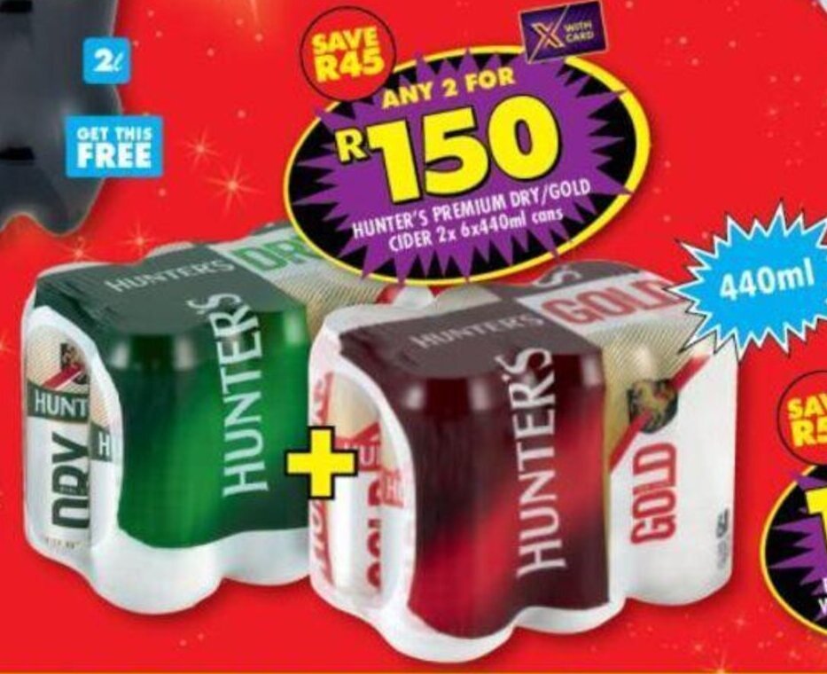 Hunter's Premium Dry /Gold Cider 2x 6x440ml Cans offer at Shoprite Liquor