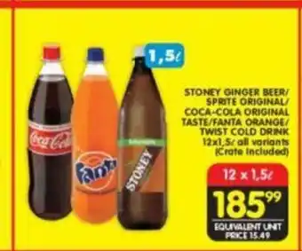 Stoney Ginger Beer / Sprite Original / Coca-Cola Original Taste / Fanta Orange / Twist Cold Drink 12x1.5L All Variants