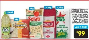 Shoprite Spekko Long Grain Parboiled Rice+Selati Golden Brown Sugar+Sasko Cake Wheat Flour+White Star Super Maize Meal+D'Lite Oil offer