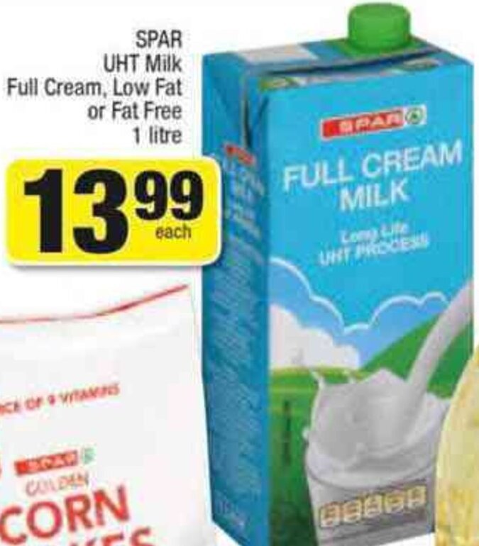 SPAR UHT Milk Full Cream, Low Fat or Fat Free 1 ltre offer at Spar