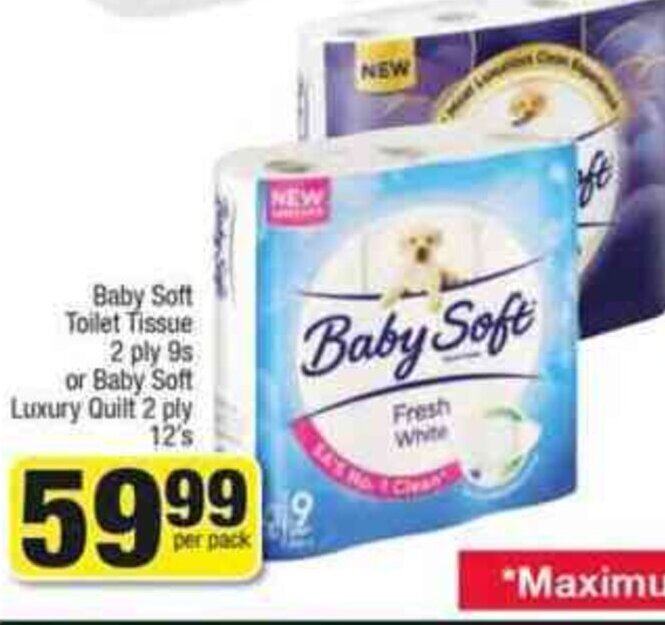 Baby Soft Toilet Tissue 2 ply 9s or Baby Soft Luxury Quilt 2 Ply 12s offer at Spar