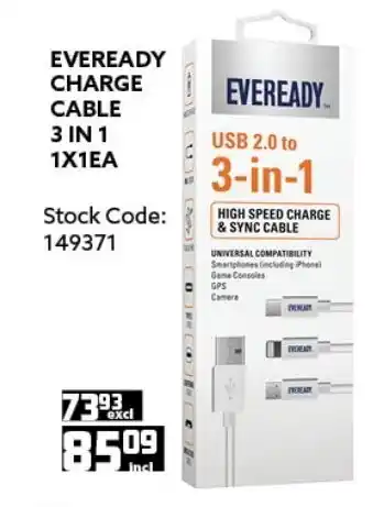 Africa Cash and Carry Eveready Charge Cable 3 in 1 1x1ea offer