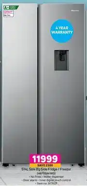 Game Hisense 514L Side By Side Fridge/Freezer H670SIA/WD offer