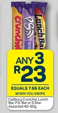 Pick n Pay Cadbury Crunchy, Lunch Bar, P.S. Bar or 5 Star 3 x 40-50g offer