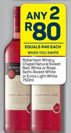 Pick n Pay Robertson Winery Chapel Natural Sweet Red, White or Rosé, Semi Sweet White or Extra Light White 2 x 750ml offer