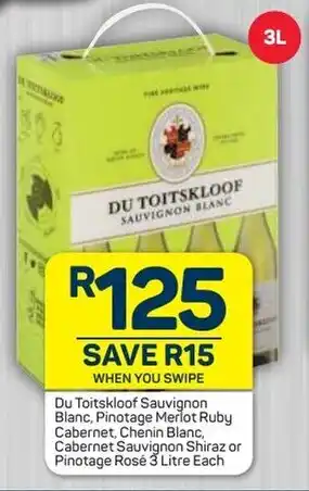 Pick n Pay Du Toitskloof Sauvignon Blanc, Pinotage Merlot Ruby Cabernet, Chenin Blanc, Sauvignon Shiraz or Pinotage Rosé 3L offer