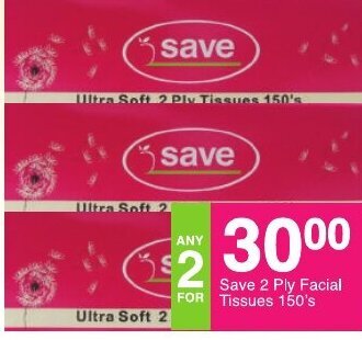 Save Save 2 Ply Facial Tissues 150's offer