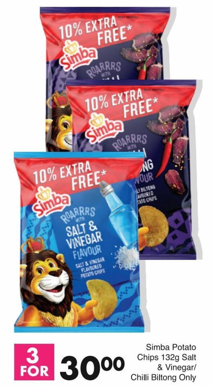 Simba Potato Chips 132g/ Salt & Vinegar/Chilli Biltong Only offer at Save