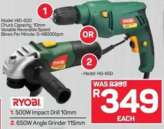 Pick n Pay Ryobi Impact Drill 10mm 500W/ Angle Grinder 115m 650W offer