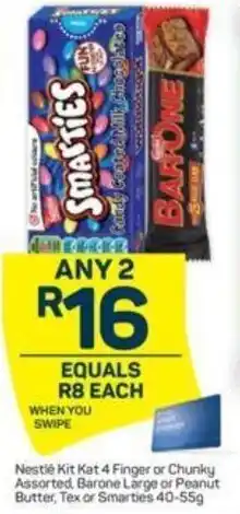 Pick n Pay Nestle Kit Kat 4 Finger or Chunky Assorted, Barone Large or Peanut Butter, Tex or Smarties 40-55g offer