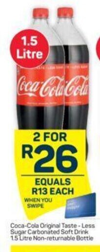 Pick n Pay Coca-cola Original Taste- Less Sugar Carbonated Soft Drink 1.5 Litre Non Returnable Bottle offer