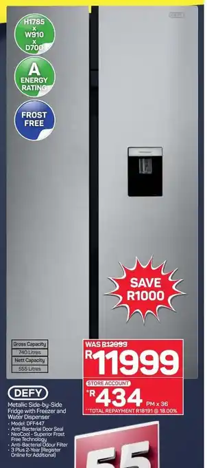 Pick n Pay Defy Metalic Side-by-Side Fridge with Freezer and Water Dispenser offer