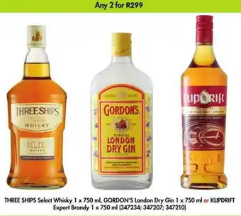 Makro’s liquor Three Ships Select Whisky 750ml, Gordon's London Dry Gin 750ml or Klipdrift Export Brandy 750ml offer