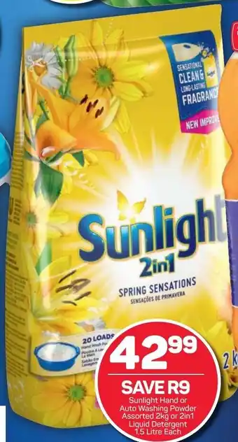 Pick n Pay Sunlight Hand or Auto Washing Powder Assorted 2kg or 2in1 Liquid Detergent 1.5 Litre offer