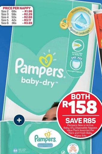 Pick n Pay Pampers New or Active Baby-Dry Disposable Nappies Value Pack Assorted Per Pack and Fresh Baby Wipes 64's offer