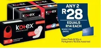 Pick n Pay Kotex Pads 8/10s or Pantyliners 16/20s Asstd offer