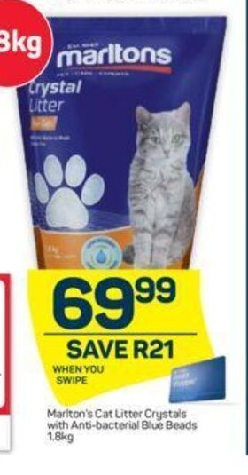 Pick n Pay Marlton's Cat Litter Crystals with Anti-Bacterial Blue Beads 1.8kg offer
