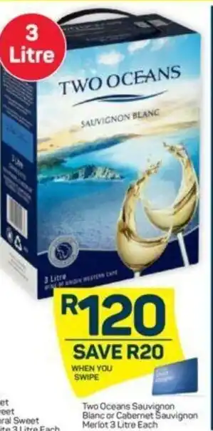 Pick n Pay Two Oceans Sauvignon Blanc or Cabernet Sauvignon Meriot 3 Litre offer