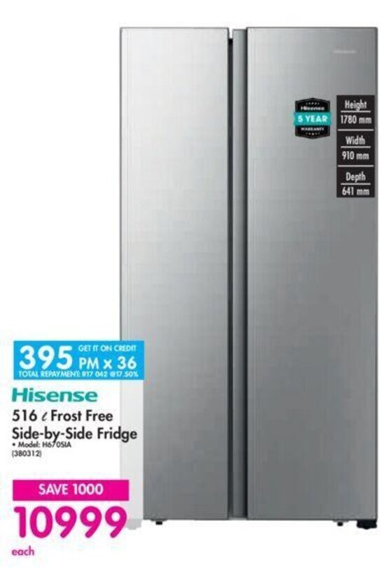 Hisense 516L Frost Free SidebySide Fridge offer at Makro