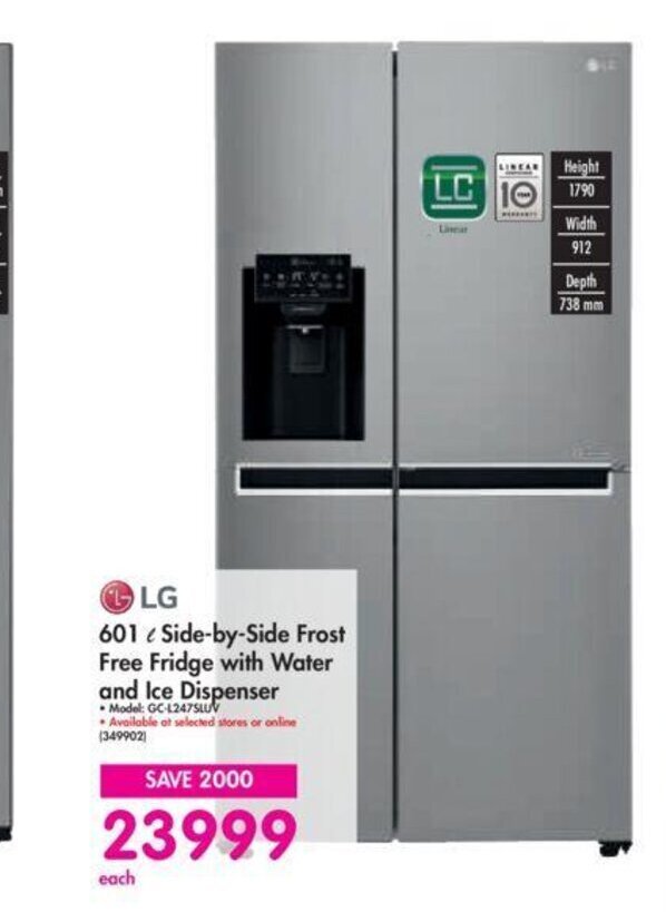 LG 60L SidebySide Frost Free Fridge with Water and Ice Dispenser