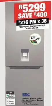 House & Home KIC 314L Metallic Water On Tap Bottom Freezer Fridge KBF635ME offer