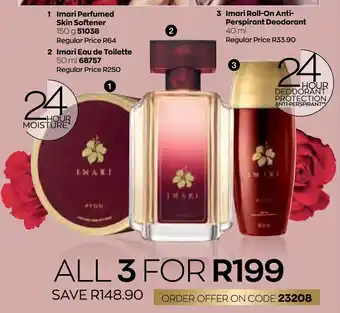 AVON Imari Perfumed SkinSoftener 150g, Imari Eau de Toilette 50ml, Imari Roll-On Anti-Persprirant Deodorant 40ml offer