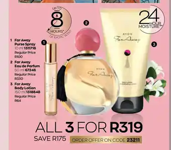 AVON Far Away Purse Spray 10ml, Far Away Eau de Parfum 50ml, Far Away Body Lotion 150ml offer