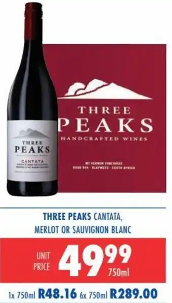 Ultra Liquors Three Peaks Cantata, Merlot or Sauvignon Blanc 750ml offer