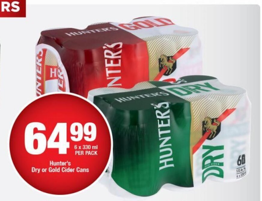 Hunter's Dry or Gold Cider Cans 6 x 300ml per pack offer at OK Liquor