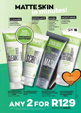 AVON Clearskin Gel Purifying Cleanser, Exfoliating Scrub, Charcoal Mask, Mattifying Moisturiser SPF15 offer
