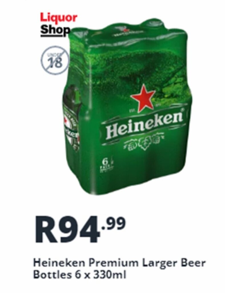 Heineken Premium Lager Beer Bottles 6 x 330ml offer at Shoprite Liquor