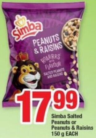 Simba Salted Peanuts or Peanuts & Raisins 150g