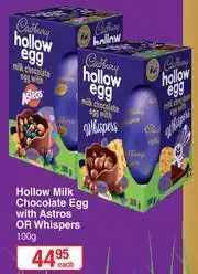 Dis-Chem Cadbury Hollow Milk Chocolate Egg With Astros Or Whispers-100g Each offer