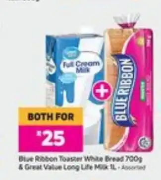 Game Blue Ribbon Toasted White Bread 700g & Great Value Long Life Milk 1L offer