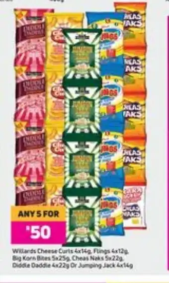 Game Willards Cheese Curls 4x14g, Flings 4x12g, Big Korn Bites 5x25g,Cheas naks 5x22g, Diddle Daddle 4x22g or jumping jack 4x14g offer