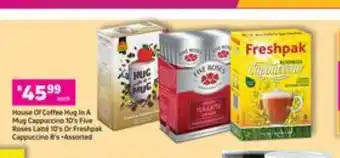 Game House Of Coffee Hug in a Mug Cappuccino 10's , Five Roses Latte 10's Or Freshpak Cappuccino 8's offer