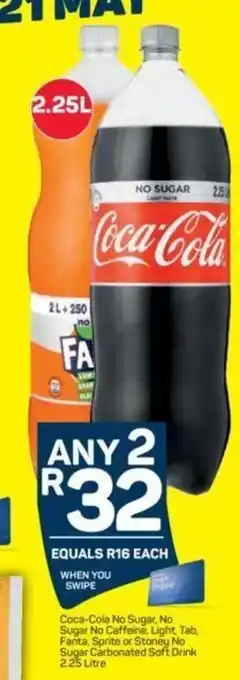 Pick n Pay Coca-cola No Sugar, No Caffience , Light , Tab , Fanta ,Sprite or Stoney No Sugar Carbonated Soft Drinks 2.25 Litre offer