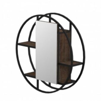 Ferro 800 round wall mirror unit- matt black steel & napoca