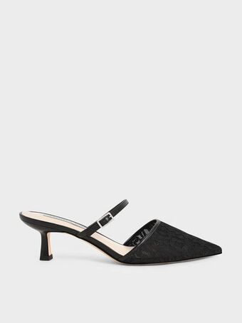 Lace & mesh embellished-buckle mules
- black