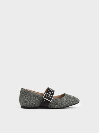 Charles & Keith Girls' woven fabric studded mary jane flats - dark grey offer