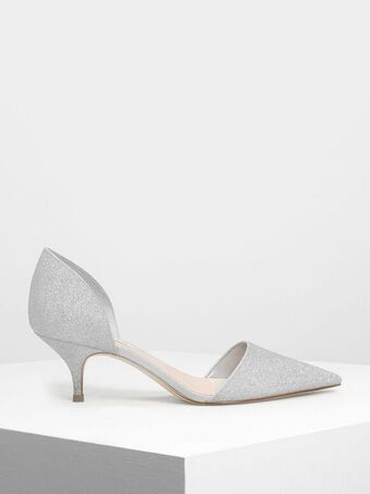 D'orsay glitter fabric kitten heel pumps
- silver