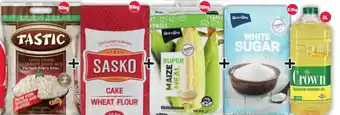 Pick n Pay Tastic Long Grain Parboiled Rice 10kg, Sasko Cake Wheat Flour 10kg, Crown Blended Cooking Oil 2L, PnP Super Maize Meal10kg/Wh offer
