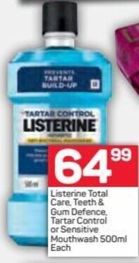 Pick n Pay Listerine Total Care, Teeth & Gum Defence, Tartar Control or Sensitive Mouthwash 500ml offer