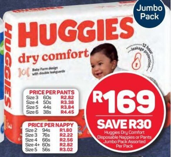 Huggies Dry Comfort Disposable Nappies or Pants Jumbo Pack offer at